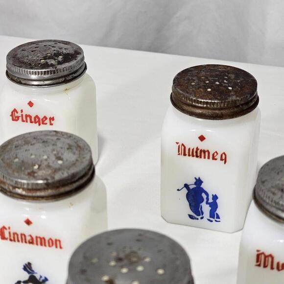 Vintage Set OF 8 Hazel Atlas Milk Glass Dutch Spice Jars Set - Picture 5 of 7